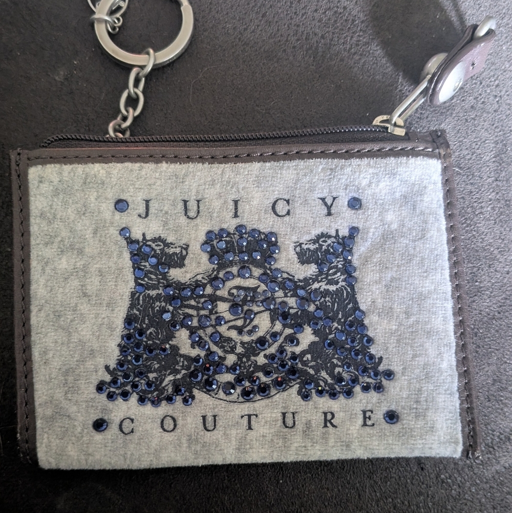 Juicy Couture Gray Coin Pouch with Blue Rhinestone Crest and Brown Trim